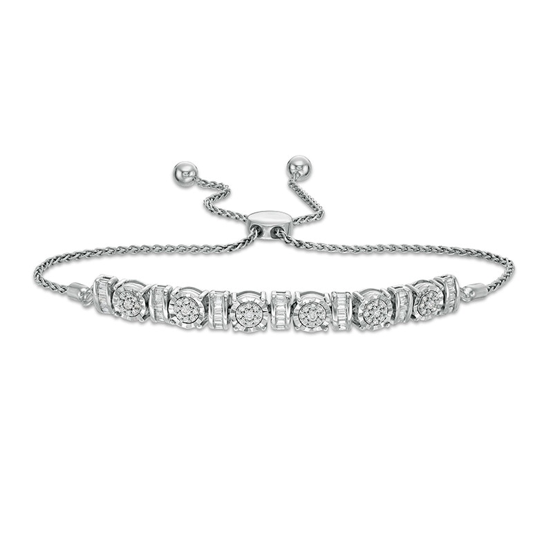 Main Image 1 of 1/2 CT. T.W. Baguette and Round Diamond Alternating Curved Bar Bolo Bracelet in Sterling Silver – 9.5&quot;