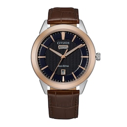 Men's Citizen Eco-Drive® Corso Two-Tone Brown Strap Watch with Navy Blue Dial (Model: AW0096-06L)