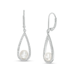 5.5-6.0mm Freshwater Cultured Pearl and White Lab-Created Sapphire Frame Open Teardrop Earrings in Sterling Silver