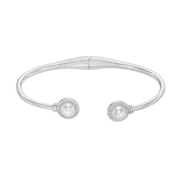 6.0mm Button Freshwater Cultured Pearl and White Lab-Created Sapphire Frame Cuff in Sterling Silver