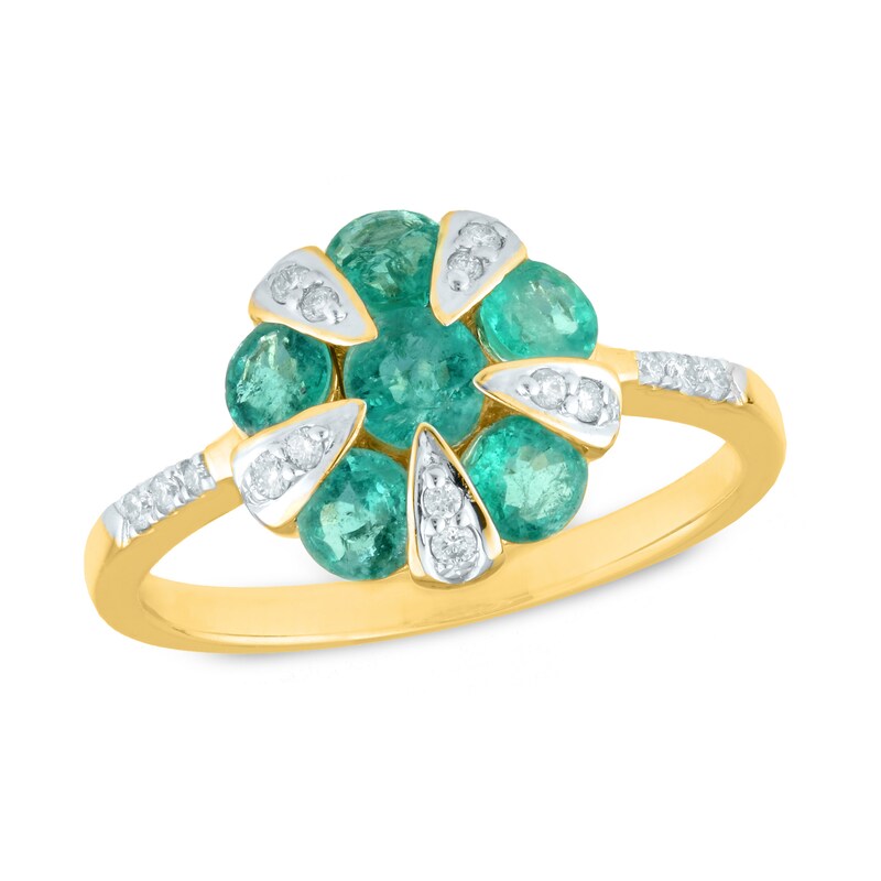 Main Image 1 of 4.0mm Emerald and 1/8 CT. T.W. Diamond Petal Cluster Flower Ring in 14K Gold