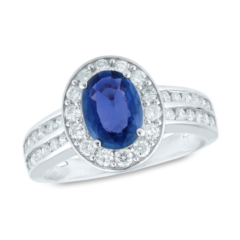 Oval Blue Sapphire and 3/4 CT. T.W. Diamond Frame Double Row Ring in ...