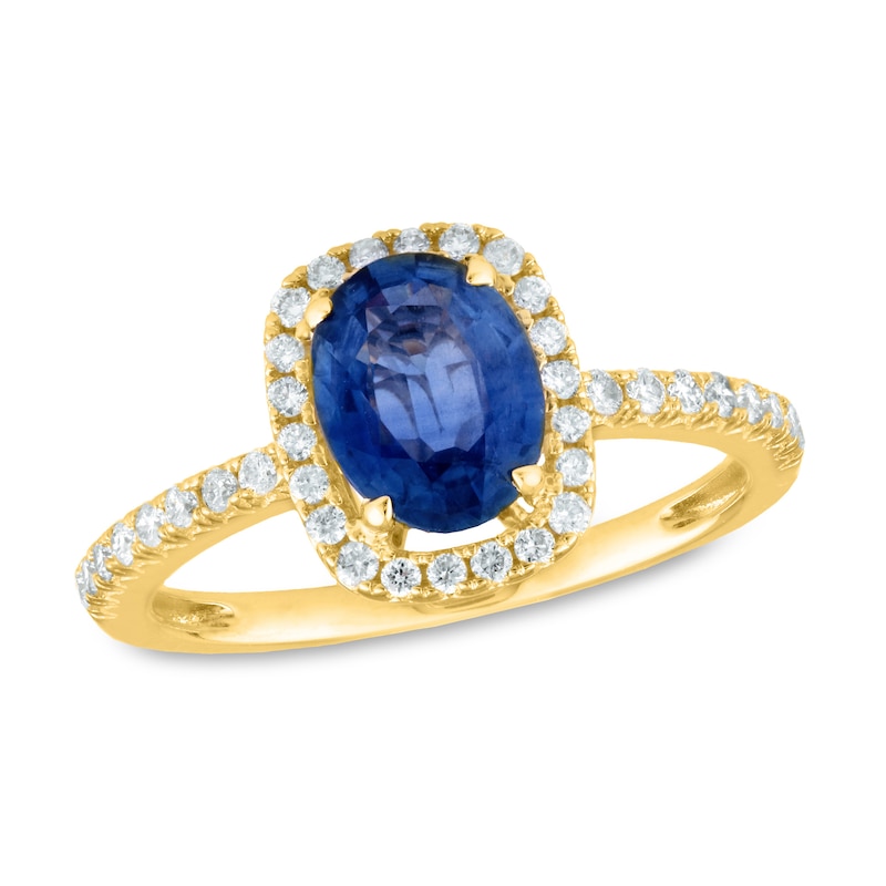 Oval Blue Sapphire and 1/3 CT. T.W. Diamond Cushion Frame Ring in 14K ...