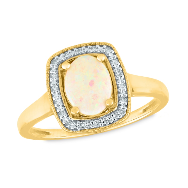 Oval Opal and 1/15 CT. T.W. Diamond Cushion Frame Vintage-Style Ring in 14K Gold