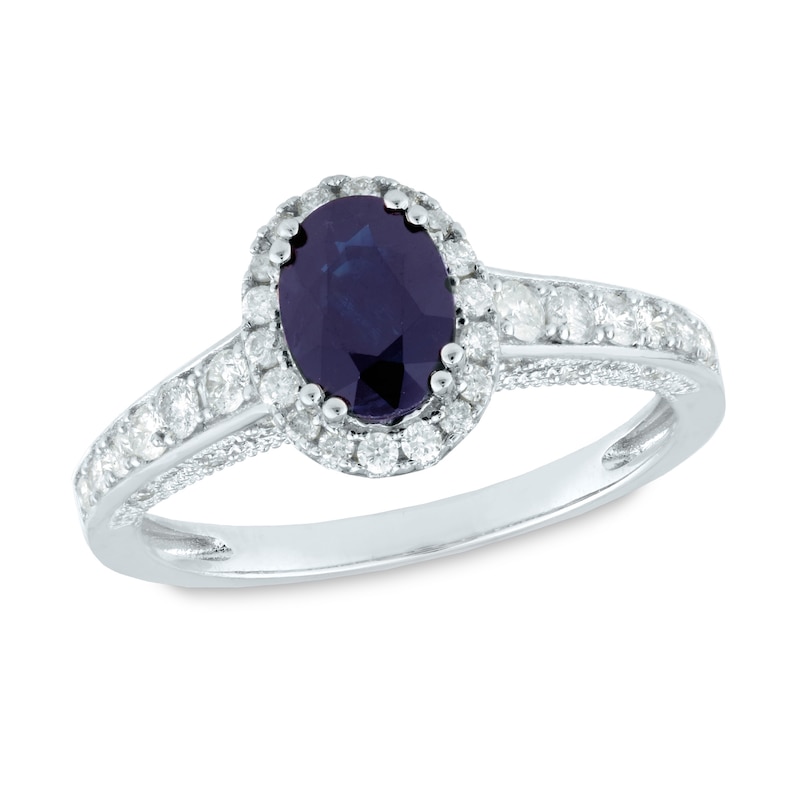 Oval Blue Sapphire and 3/8 CT. T.W. Diamond Frame Vintage-Style Ring in 14K White Gold