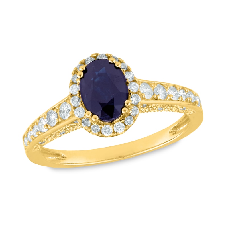 Oval Blue Sapphire and 3/8 CT. T.W. Diamond Frame Vintage-Style Ring in ...