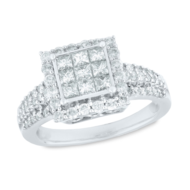 1 CT. T.W. Princess-Cut Composite Diamond Frame Triple Row Engagement Ring in 14K White Gold
