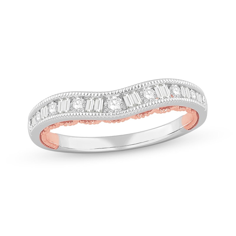 Main Image 1 of 1/3 CT. T.W. Baguette and Round Diamond Contour Anniversary Band in 14K Two-Tone Gold