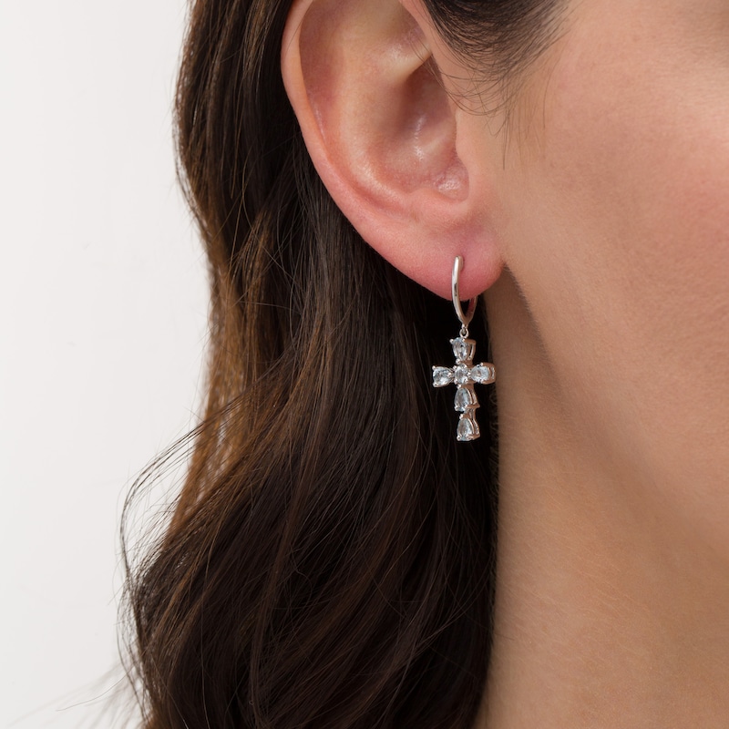 Main Image 2 of Pear-Shaped and Round Aquamarine Cross Drop Earrings in Sterling Silver