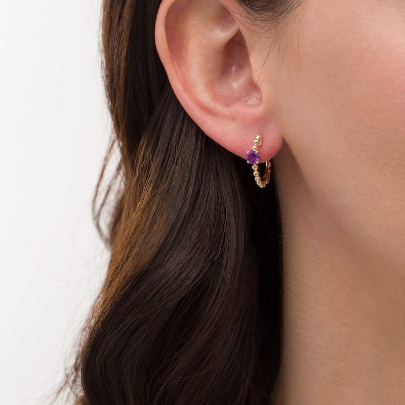 Main Image 2 of 4.0mm Amethyst Solitaire and Beaded Hoop Earrings in 10K Gold