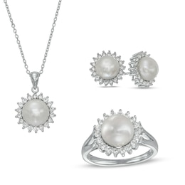 Button Freshwater Cultured Pearl and White Lab-Created Sapphire Frame Pendant, Earrings and Ring Set in Sterling Silver