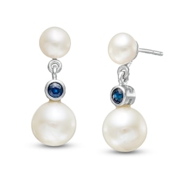 Button Freshwater Cultured Pearl and Blue Sapphire Double Drop Earrings in 10K White Gold