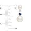 Thumbnail Image 3 of Button Freshwater Cultured Pearl and Blue Sapphire Double Drop Earrings in 10K White Gold