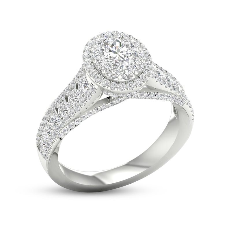 Trouvaille Collection 1-1/2 CT. T.W. DeBeers®-Graded Oval Diamond Frame Multi-Row Engagement Ring in Platinum (F/SI2)