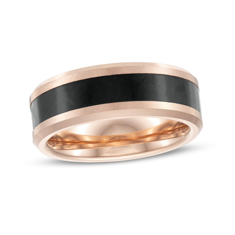 Main Image 1 of Men's 8.0mm Triple Row Beveled Edge Comfort-Fit Wedding Band in Tantalum with Rose IP and Carbon Fiber Inlay - Size 10