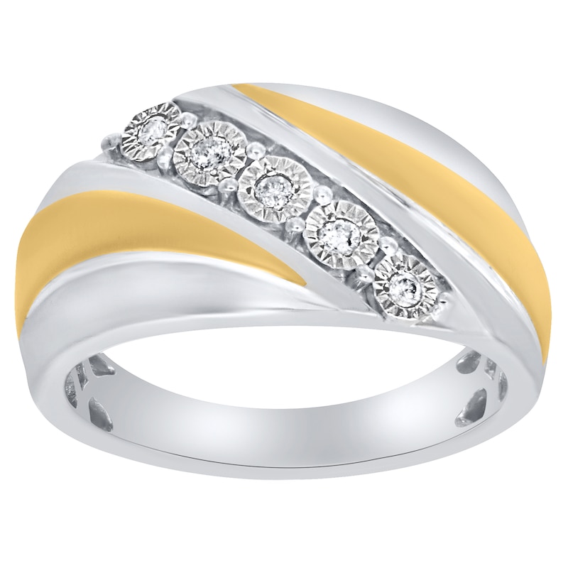 Main Image 1 of Men's 1/10 CT. T.W. Diamond Five Stone Slant Wedding Band in Sterling Silver with 14K Gold Plate