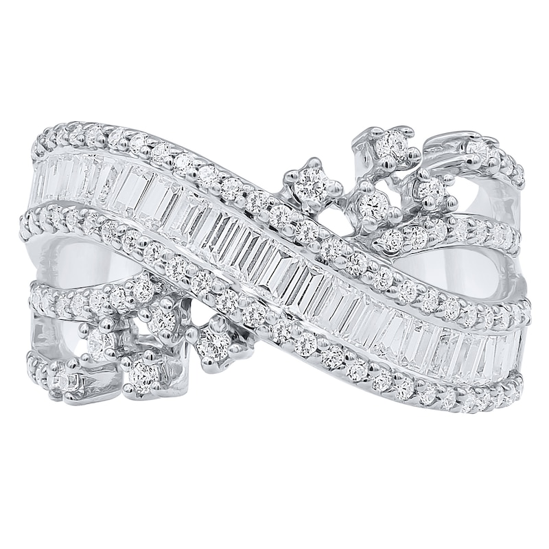 Main Image 1 of 1 CT. T.W. Baguette and Round Diamond Crossover Ring in 14K White Gold