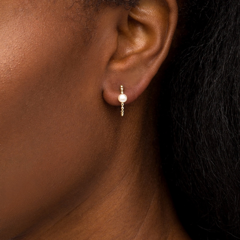 Main Image 2 of 4.0mm Freshwater Cultured Pearl and Beaded Hoop Earrings in 10K Gold