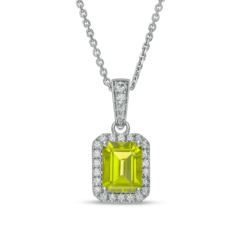 Main Image 1 of Octagonal Peridot and White Lab-Created Sapphire Frame Drop Pendant in Sterling Silver