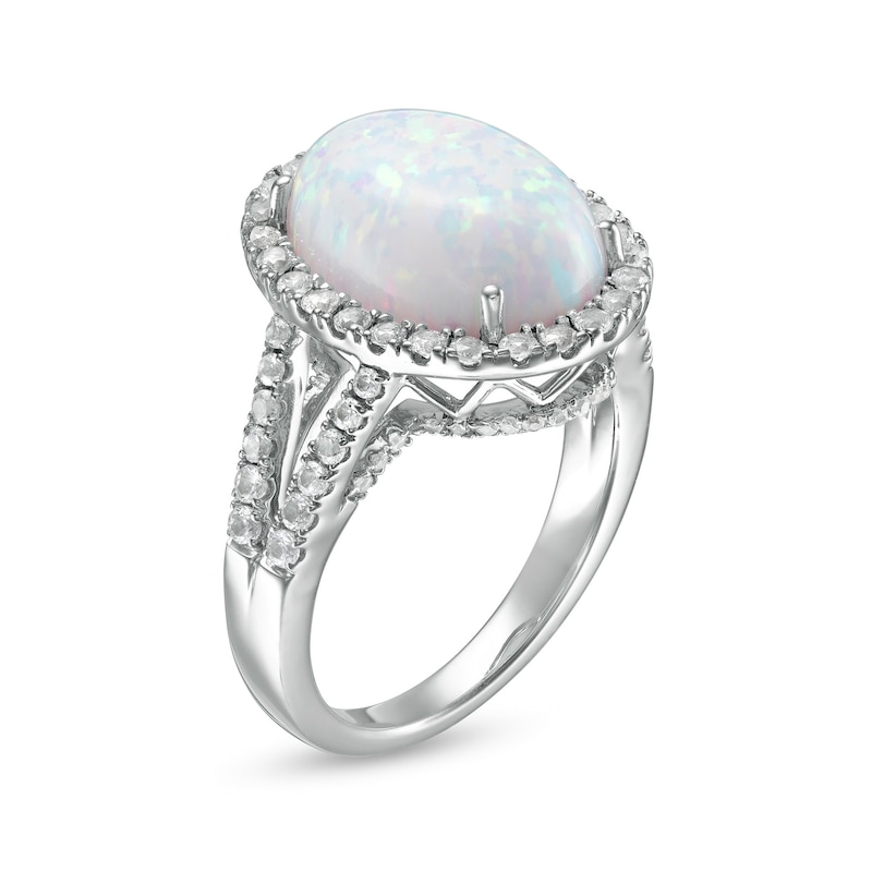 Main Image 3 of Oval Lab-Created Opal and White Lab-Created Sapphire Frame Split Shank Cocktail Ring in Sterling Silver