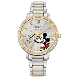 Ladies' Citizen Eco-Drive® Mickey Mouse Painter Crystal Accent Two-Tone Watch with Silver-Tone Dial (Model: FE7044-52W)