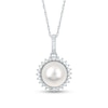 Thumbnail Image 1 of Freshwater Cultured Pearl, Princess-Cut Blue Sapphire and 1/8 CT. T.W. Diamond Frame Sunburst Pendant in 14K White Gold