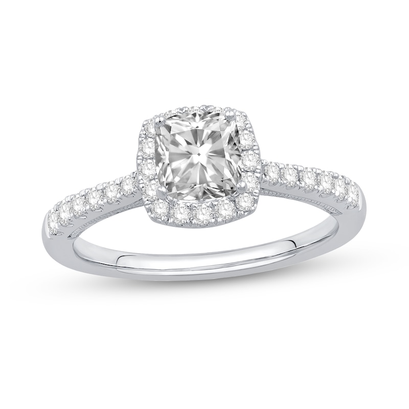 Main Image 1 of Cushion-Cut Certified Center Diamond 1-1/3 CT. T.W. Frame Engagement Ring in 14K White Gold (H/SI2)