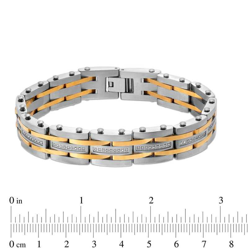 Main Image 4 of Men's 1/2 CT. T.W. Diamond Alternating Multi-Row Link Bracelet in Stainless Steel and Yellow IP - 8.5&quot;