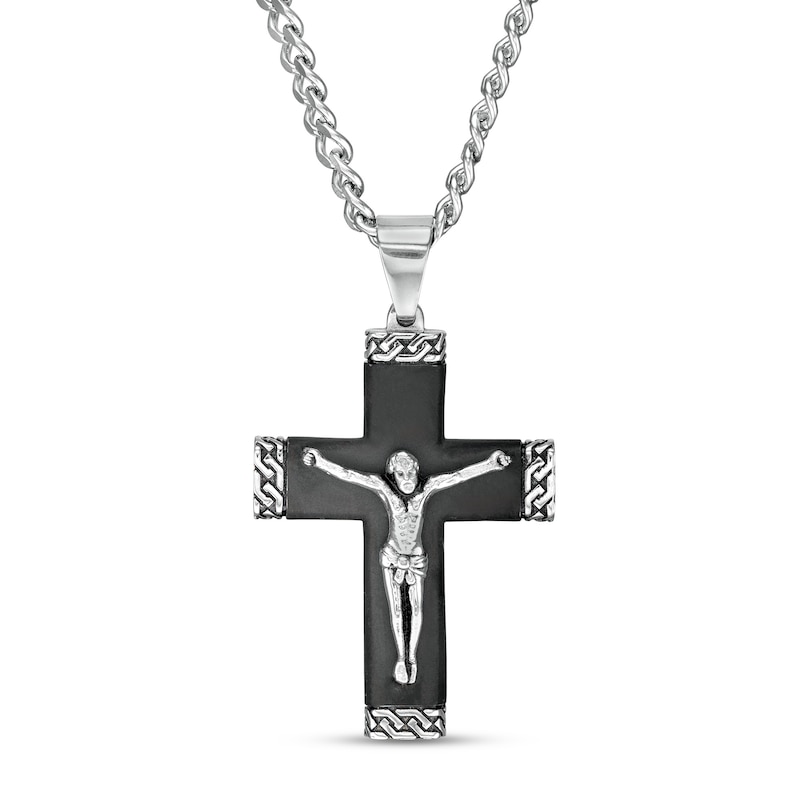 Men's Multi-Finish Chain Link-Ends Crucifix Pendant in Stainless Steel and Black IP - 24"
