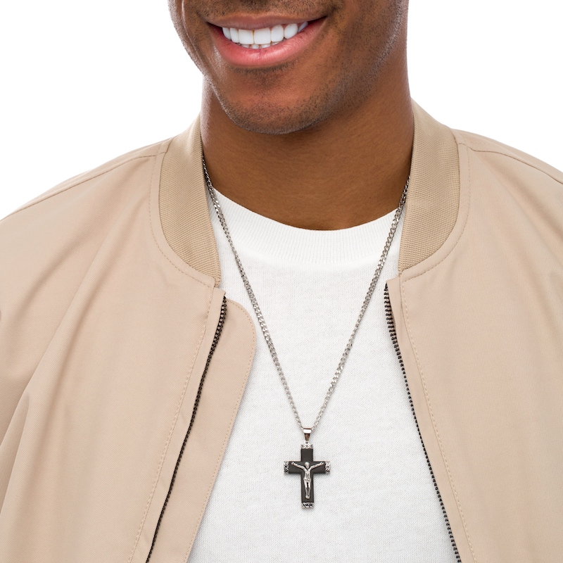 Men's Multi-Finish Chain Link-Ends Crucifix Pendant in Stainless Steel and Black IP - 24"