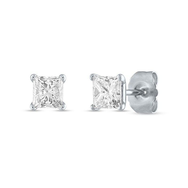 Main Image 1 of 1/2 CT. T.W. Princess-Cut Diamond Solitaire Stud Earrings in 14K White Gold (J/I3)