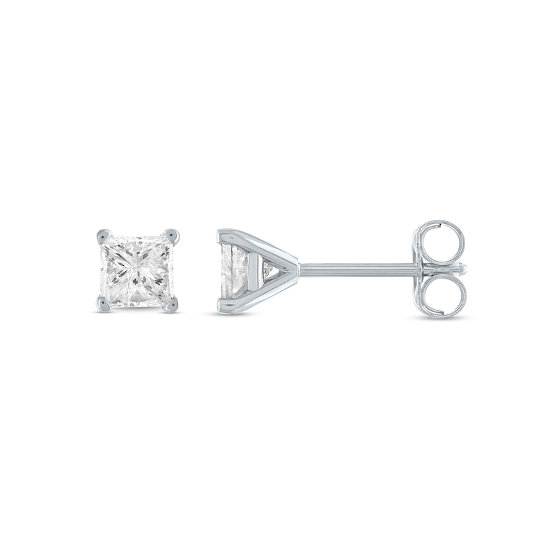 Main Image 2 of 1/2 CT. T.W. Princess-Cut Diamond Solitaire Stud Earrings in 14K White Gold (J/I2)