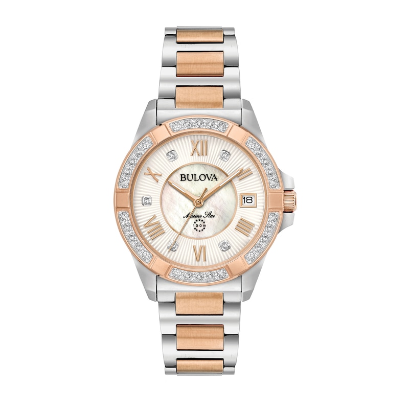 Main Image 1 of Ladies' Bulova Marine Star 1/10 CT. T.W. Diamond Two-Tone Watch with Mother-of-Pearl Dial (Model: 98R234)