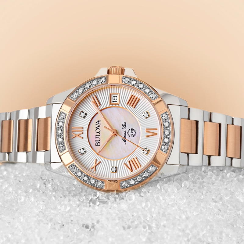 Main Image 5 of Ladies' Bulova Marine Star 1/10 CT. T.W. Diamond Two-Tone Watch with Mother-of-Pearl Dial (Model: 98R234)