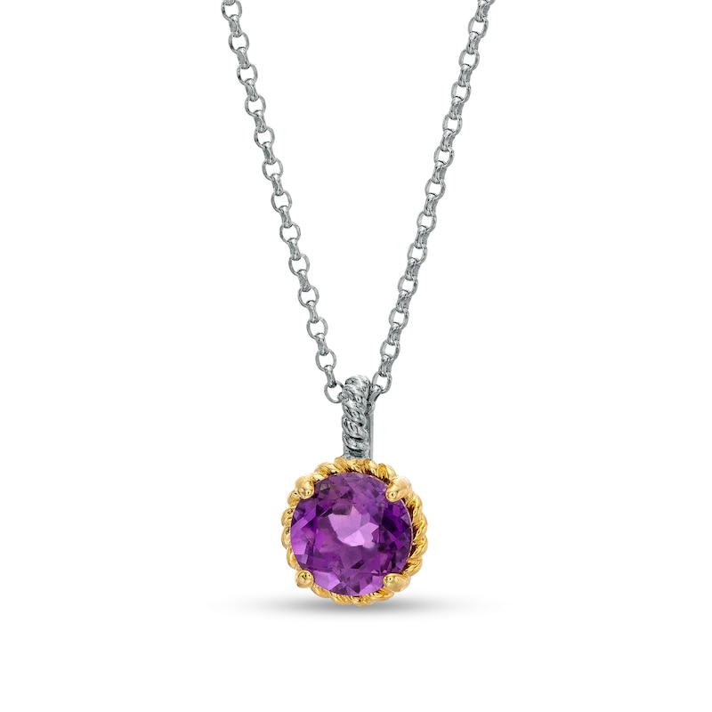 Main Image 1 of 7.0mm Amethyst Solitaire Rope-Textured Frame and Drop Pendant in Sterling Silver and 10K Gold