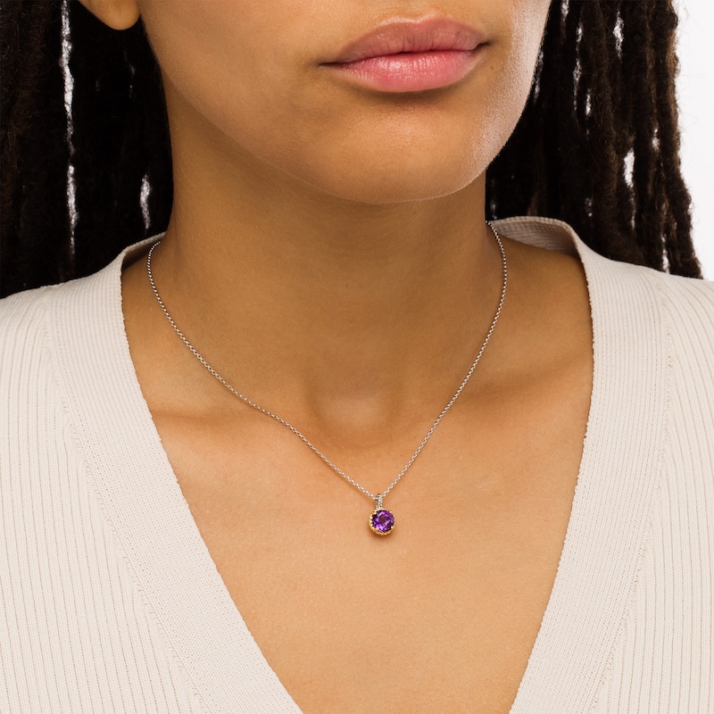 Main Image 2 of 7.0mm Amethyst Solitaire Rope-Textured Frame and Drop Pendant in Sterling Silver and 10K Gold