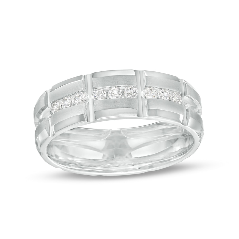 Main Image 1 of 1/4 CT. T.W. Diamond Channel Brick Pattern Wedding Band in 10K White Gold - Size 10