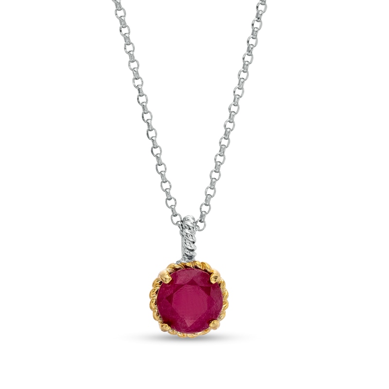 Main Image 1 of 7.0mm Ruby Solitaire Rope-Textured Frame and Drop Pendant in Sterling Silver and 10K Gold