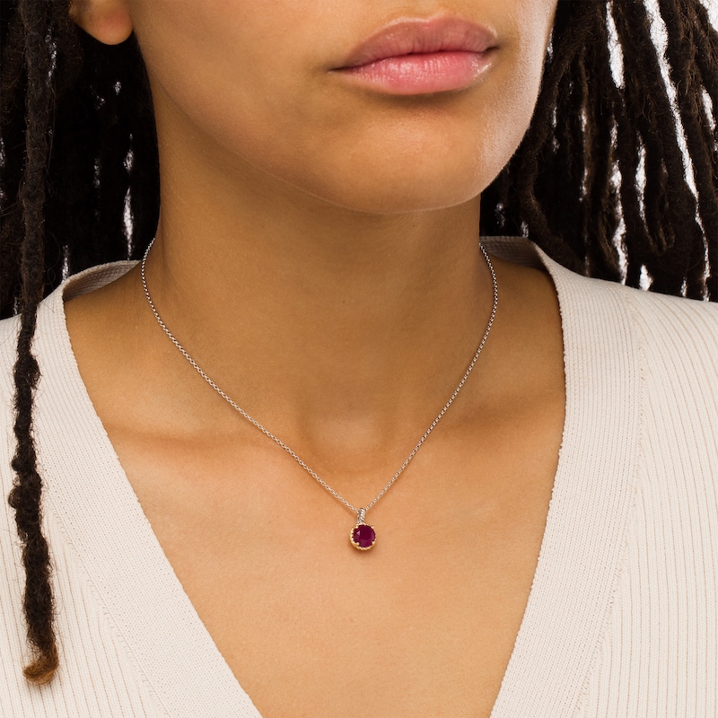 Main Image 2 of 7.0mm Ruby Solitaire Rope-Textured Frame and Drop Pendant in Sterling Silver and 10K Gold