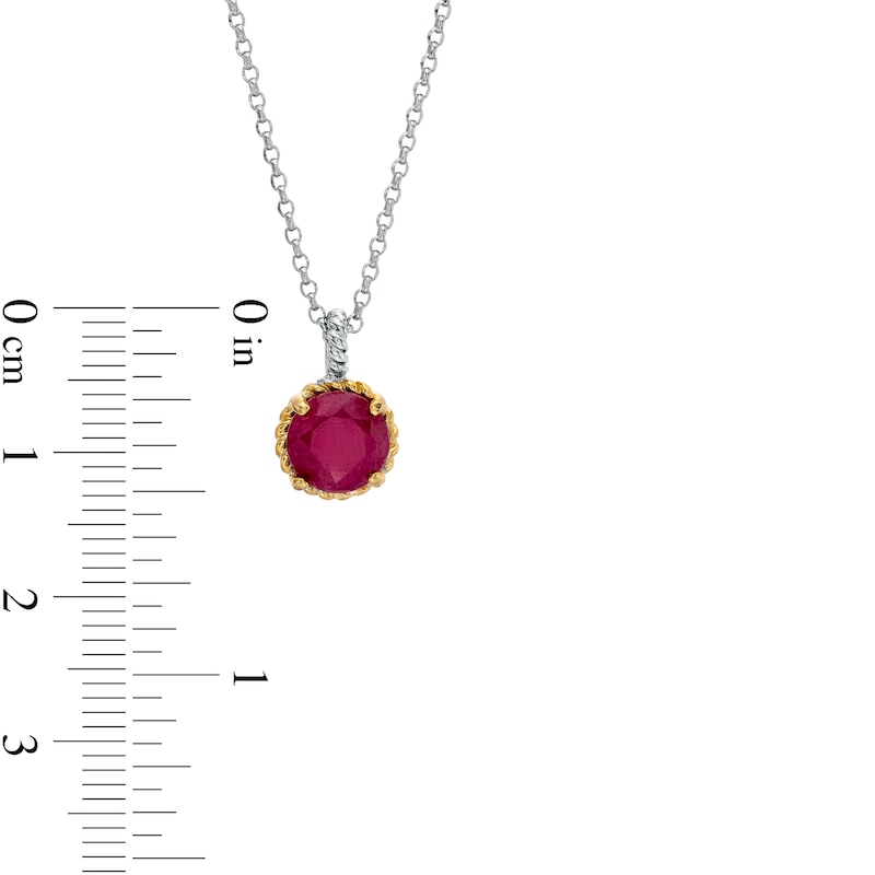 Main Image 3 of 7.0mm Ruby Solitaire Rope-Textured Frame and Drop Pendant in Sterling Silver and 10K Gold