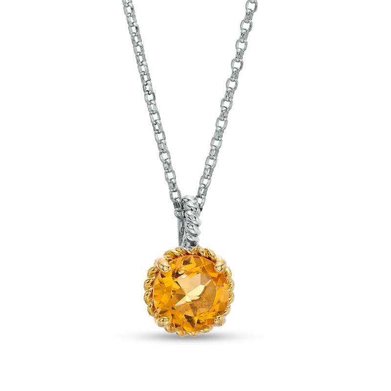 Main Image 1 of 7.0mm Citrine Solitaire Rope-Textured Frame and Drop Pendant in Sterling Silver and 10K Gold