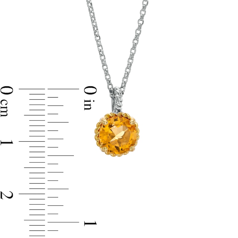 Main Image 3 of 7.0mm Citrine Solitaire Rope-Textured Frame and Drop Pendant in Sterling Silver and 10K Gold