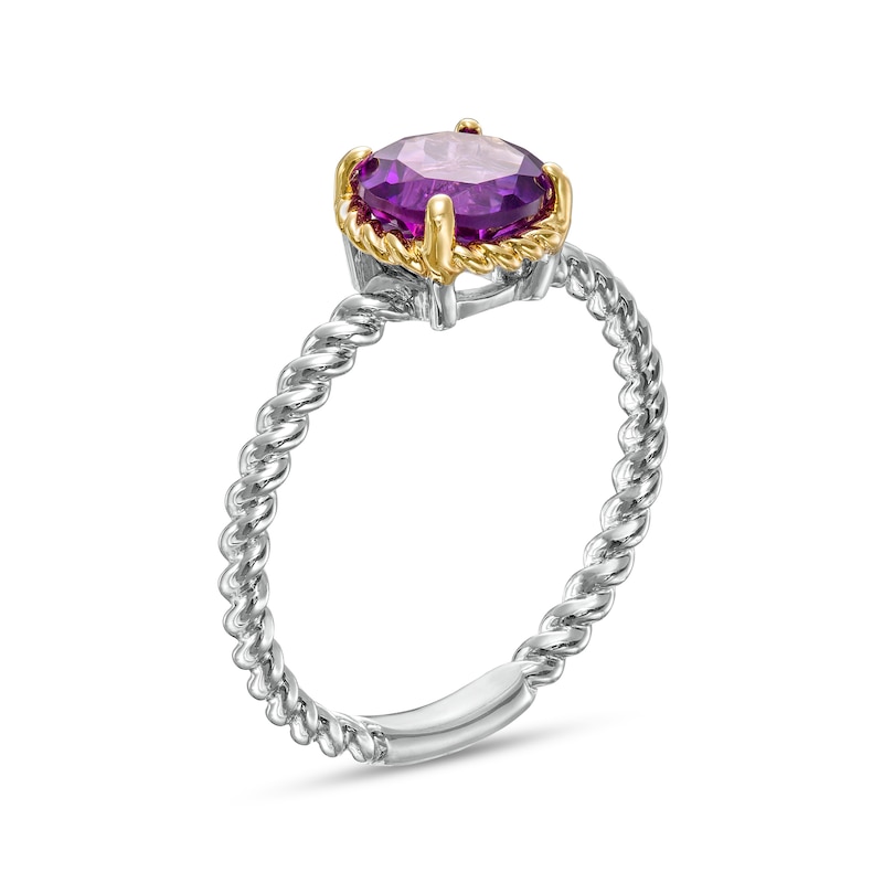 Main Image 3 of 7.0mm Amethyst Solitaire Rope-Textured Frame and Shank Ring in Sterling Silver and 10K Gold