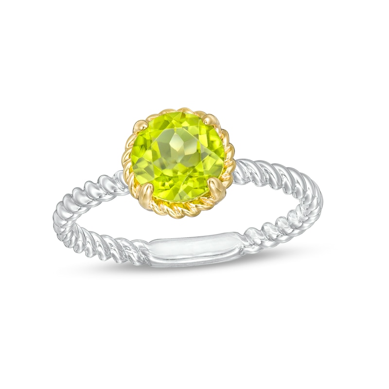 Main Image 1 of 7.0mm Peridot Solitaire Rope-Textured Frame and Shank Ring in Sterling Silver and 10K Gold