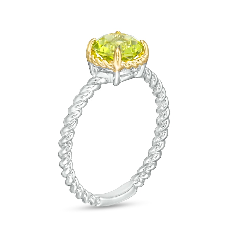 Main Image 3 of 7.0mm Peridot Solitaire Rope-Textured Frame and Shank Ring in Sterling Silver and 10K Gold