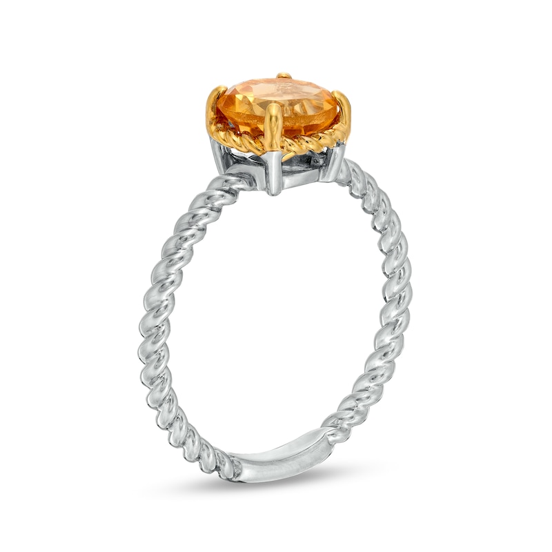 Main Image 3 of 7.0mm Citrine Solitaire Rope-Textured Frame and Shank Ring in Sterling Silver and 10K Gold