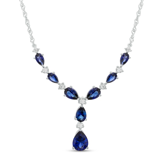 Pear-Shaped Blue And White Lab-Created Sapphire Alternating Teardrop Y Necklace In Sterling Silver