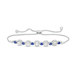 Freshwater Cultured Pearl, Blue Lab-Created Sapphire and Diamond Accent Frame Bolo Bracelet in Sterling Silver – 9.5&quot;