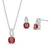 Thumbnail Image 1 of Cushion-Cut Garnet and White Lab-Created Sapphire Open Flame-Top Pendant and Stud Earrings Set in Sterling Silver