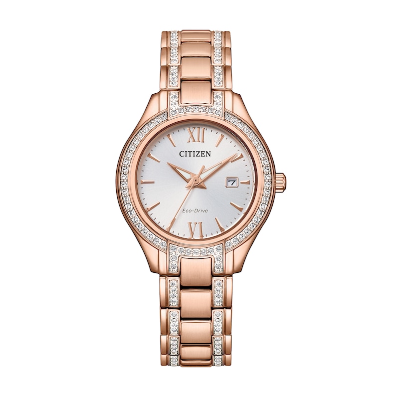 Main Image 1 of Ladies' Citizen Eco-Drive® Silhouette Crystal Accent Rose-Tone Watch with Silver-Tone Dial (Model: FE1233-52A)